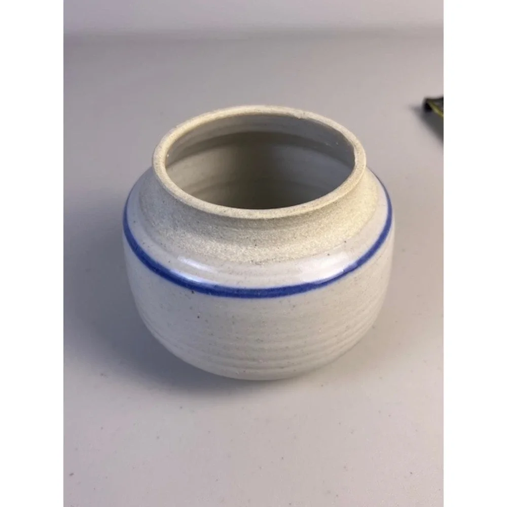 Studio Pottery Signed Small Speckled White Blue Stripe Bud Vase Stoneware 3in